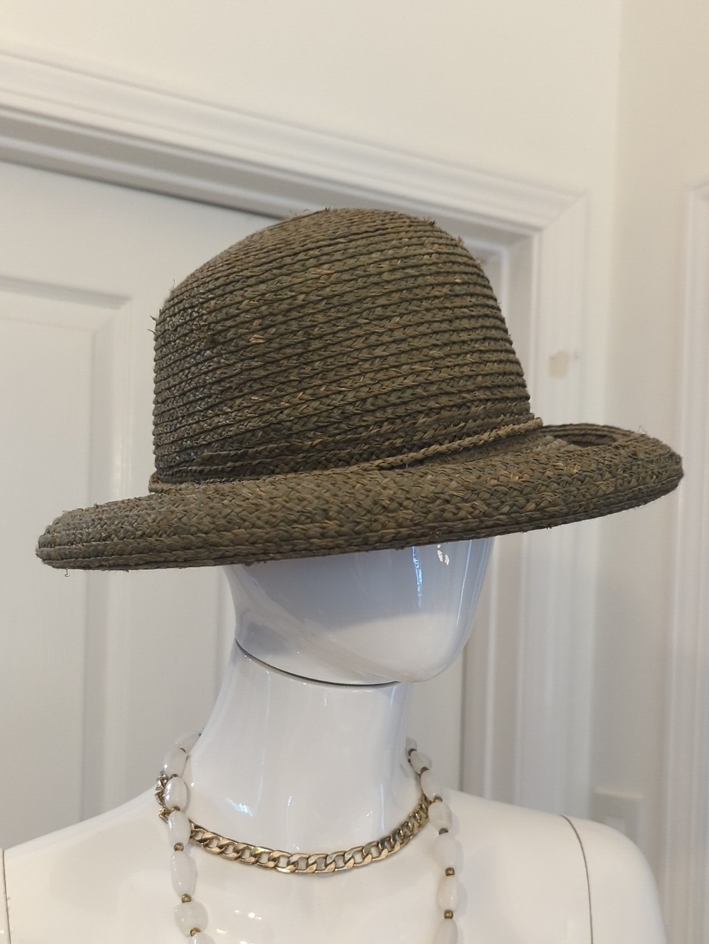 Vintage Callanan Woven Straw Sun Hat with Tied Rope Trim - Olive Brown One Size - Picture 9 of 9